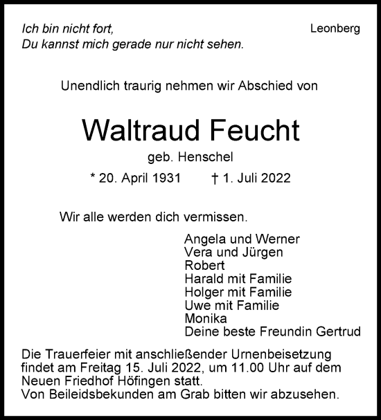 Traueranzeige von Waltraud Feucht von Leonberger Kreiszeitung / Strohgäu Extra