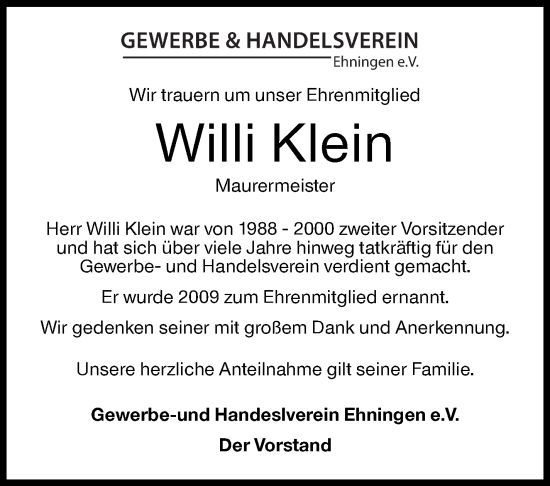 Traueranzeige von Willi Klein von Leonberger Kreiszeitung / Strohgäu Extra