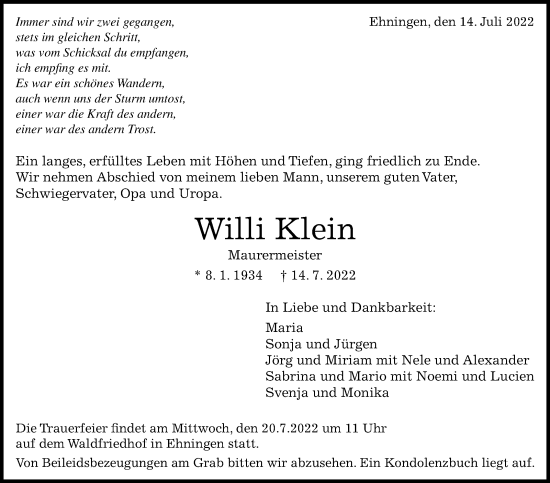 Traueranzeige von Willi Klein von Leonberger Kreiszeitung / Strohgäu Extra