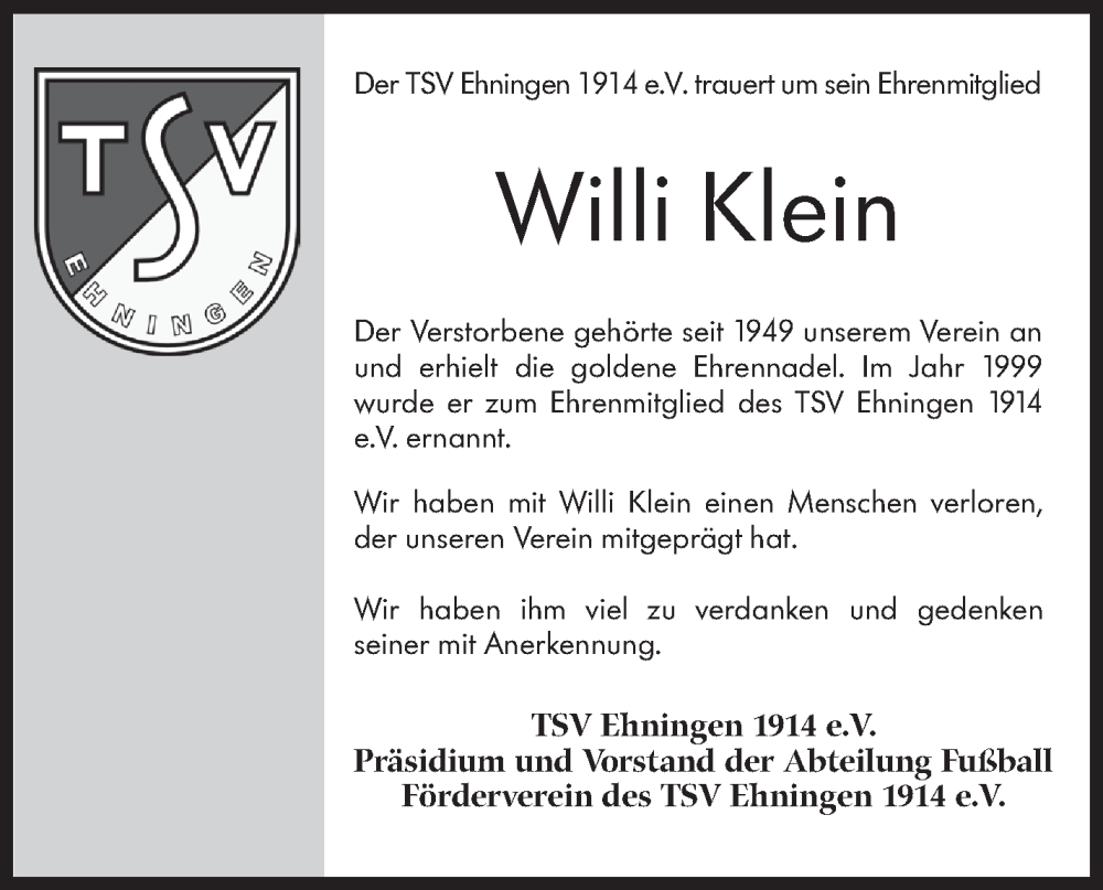  Traueranzeige für Willi Klein vom 20.07.2022 aus Leonberger Kreiszeitung / Strohgäu Extra