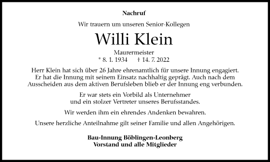 Traueranzeige von Willi Klein von Leonberger Kreiszeitung / Strohgäu Extra