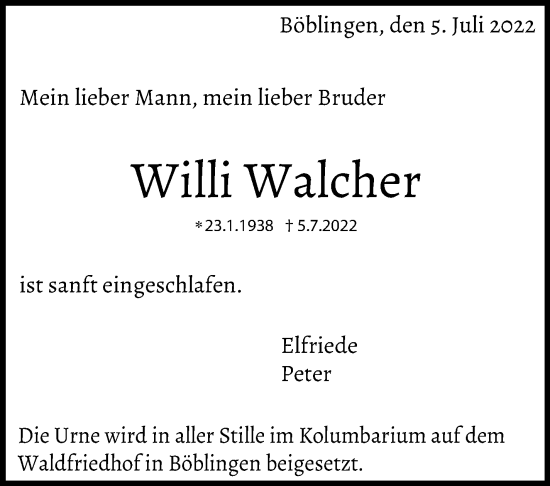 Traueranzeige von Willi Walcher von Leonberger Kreiszeitung / Strohgäu Extra