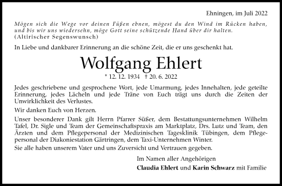 Traueranzeige von Wolfgang Ehlert von Leonberger Kreiszeitung / Strohgäu Extra