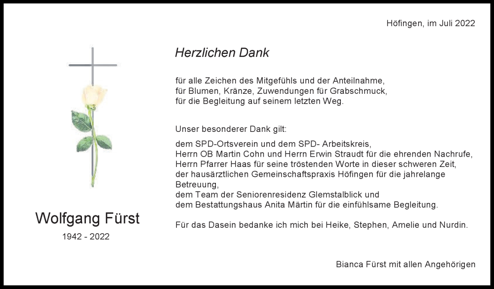  Traueranzeige für Wolfgang Fürst vom 15.07.2022 aus Leonberger Kreiszeitung / Strohgäu Extra