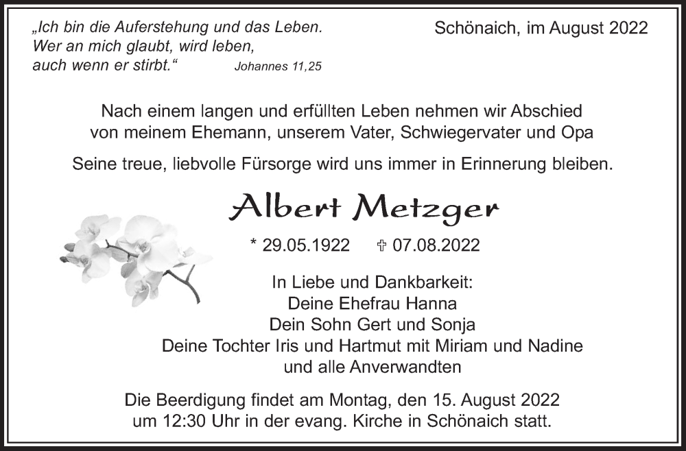  Traueranzeige für Albert Metzger vom 12.08.2022 aus Leonberger Kreiszeitung / Strohgäu Extra