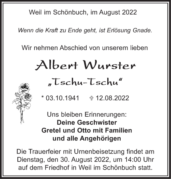 Traueranzeige von Albert Wurster von Leonberger Kreiszeitung / Strohgäu Extra