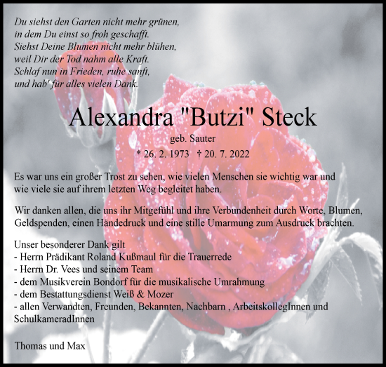 Traueranzeige von Alexandra Steck von Leonberger Kreiszeitung / Strohgäu Extra