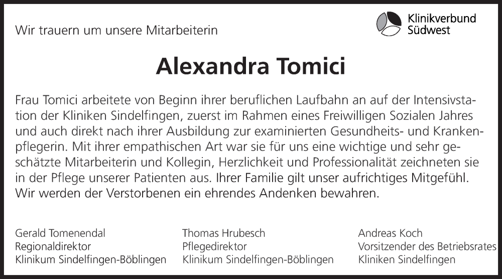  Traueranzeige für Alexandra Tomici vom 13.08.2022 aus Leonberger Kreiszeitung / Strohgäu Extra