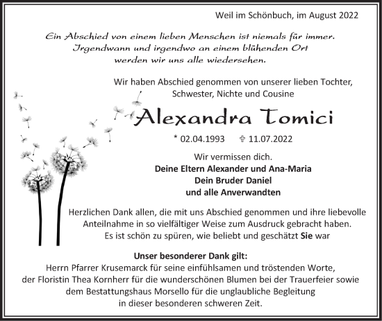 Traueranzeige von Alexandra Tomici von Leonberger Kreiszeitung / Strohgäu Extra