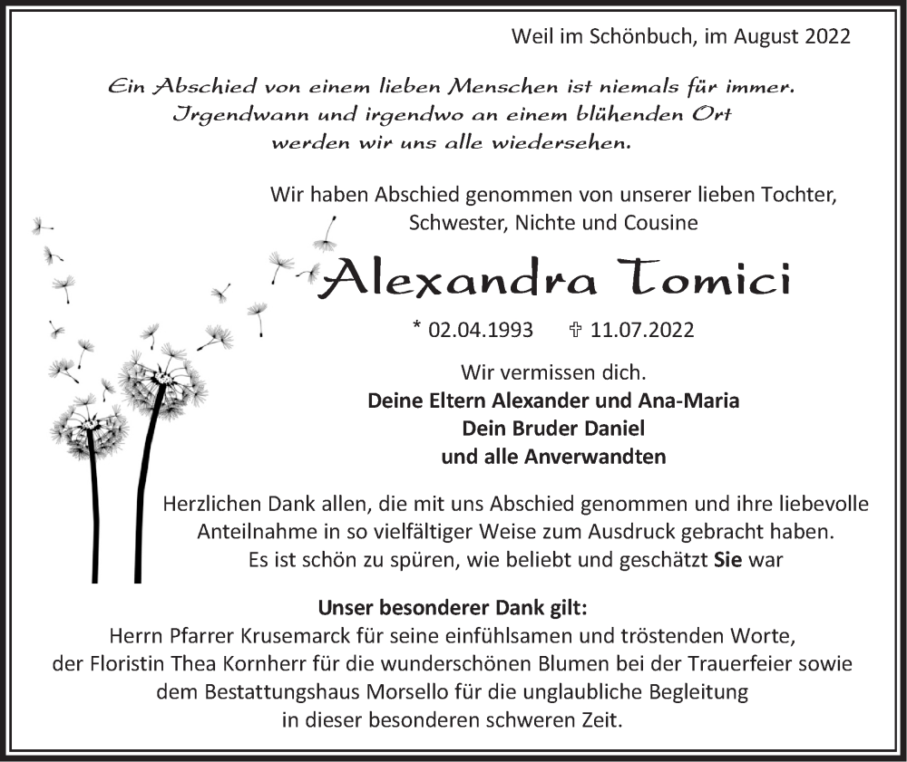  Traueranzeige für Alexandra Tomici vom 11.08.2022 aus Leonberger Kreiszeitung / Strohgäu Extra