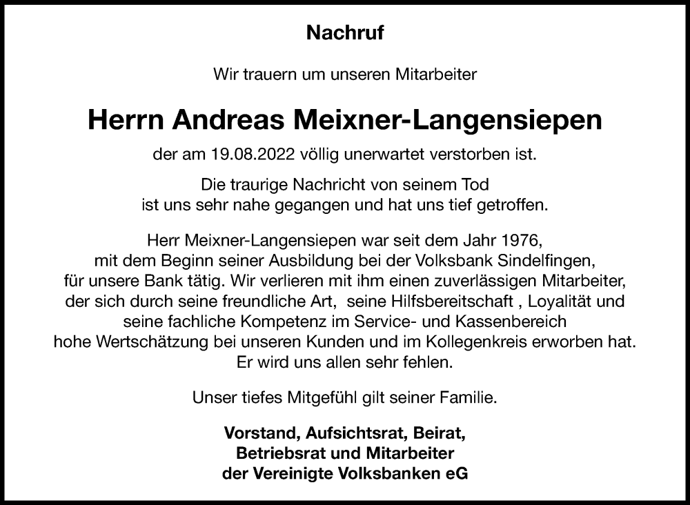  Traueranzeige für Andreas Meixner-Langensiepen vom 26.08.2022 aus Leonberger Kreiszeitung / Strohgäu Extra
