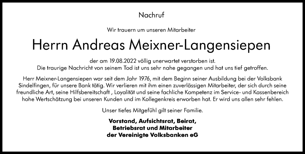  Traueranzeige für Andreas Meixner-Langensiepen vom 26.08.2022 aus Leonberger Kreiszeitung / Strohgäu Extra
