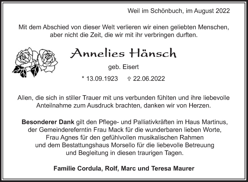  Traueranzeige für Annelies Hänsch vom 11.08.2022 aus Leonberger Kreiszeitung / Strohgäu Extra