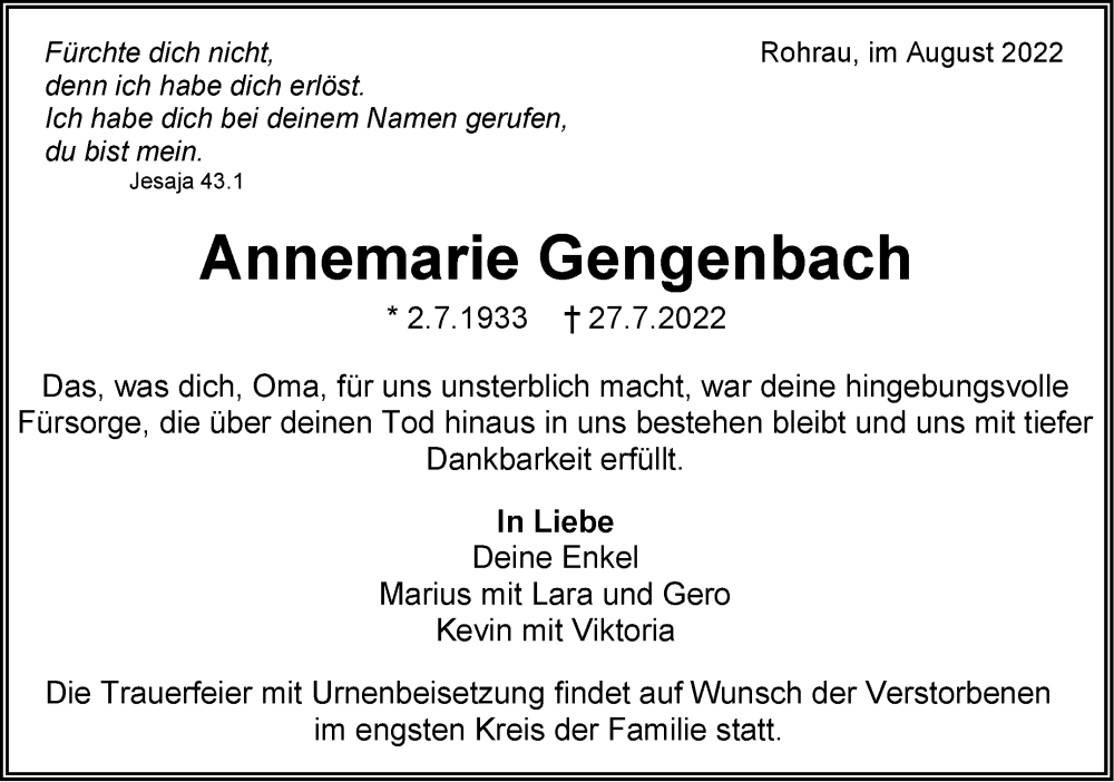  Traueranzeige für Annemarie Gengenbach vom 04.08.2022 aus Leonberger Kreiszeitung / Strohgäu Extra