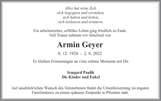 Traueranzeige von Armin Geyer von Leonberger Kreiszeitung / Strohgäu Extra