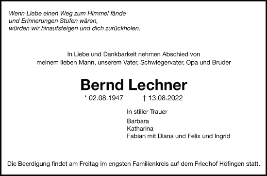 Traueranzeige von Bernd Lechner von Leonberger Kreiszeitung / Strohgäu Extra