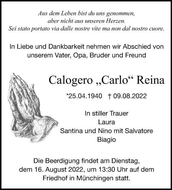 Traueranzeige von Calogero Reina von Leonberger Kreiszeitung / Strohgäu Extra