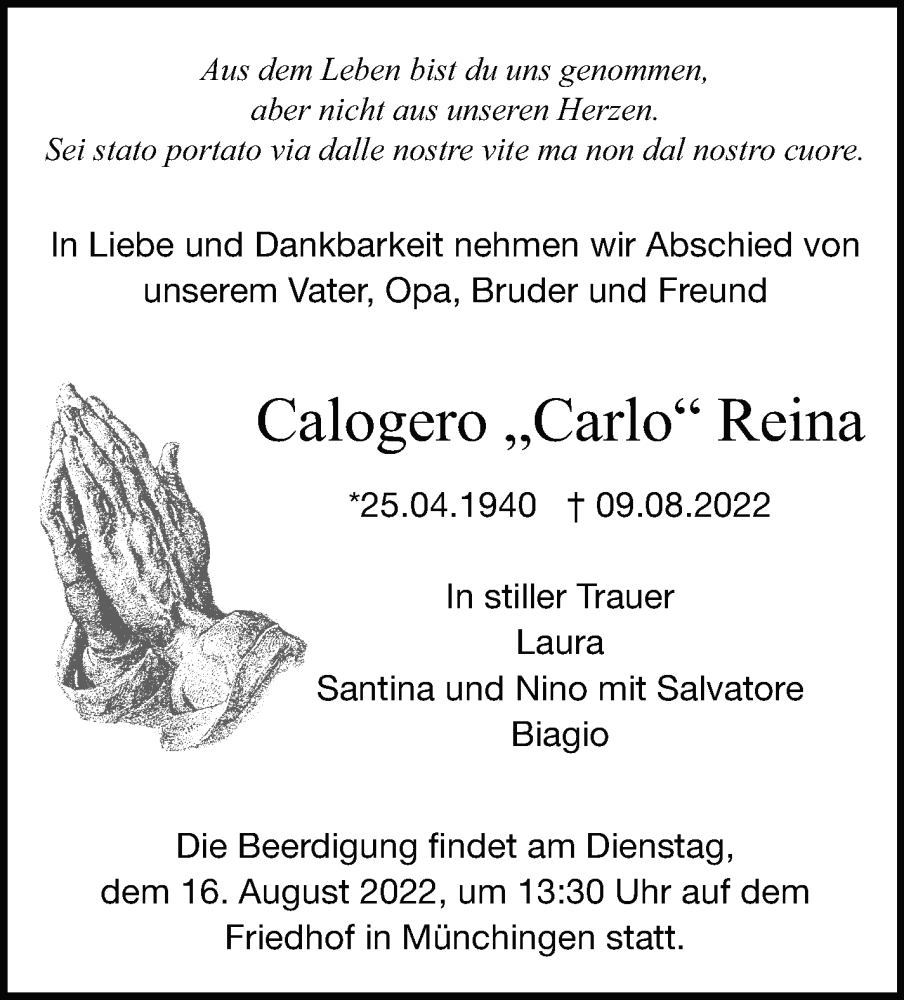  Traueranzeige für Calogero Reina vom 13.08.2022 aus Leonberger Kreiszeitung / Strohgäu Extra