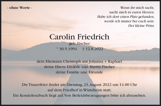 Traueranzeige von Carolin Friedrich von Leonberger Kreiszeitung / Strohgäu Extra