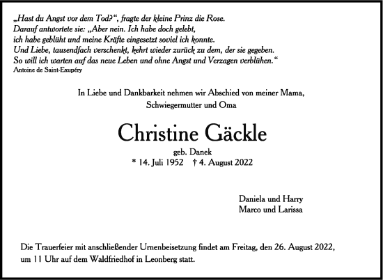 Traueranzeige von Christine Gäckle von Leonberger Kreiszeitung / Strohgäu Extra