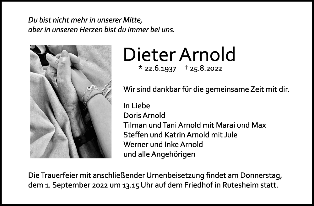  Traueranzeige für Dieter Arnold vom 29.08.2022 aus Leonberger Kreiszeitung / Strohgäu Extra