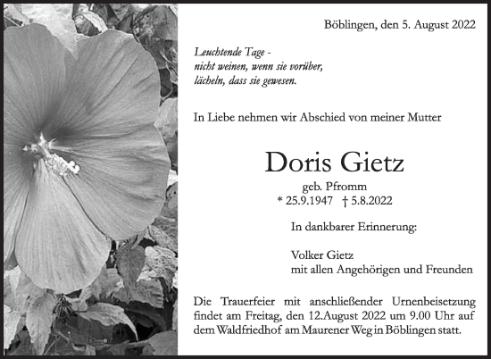 Traueranzeige von Doris Gietz von Leonberger Kreiszeitung / Strohgäu Extra