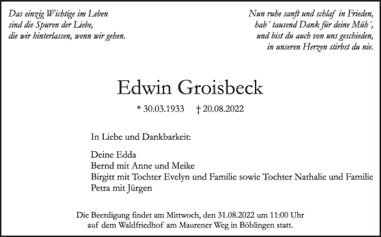 Traueranzeige von Edwin Groisbeck von Leonberger Kreiszeitung / Strohgäu Extra