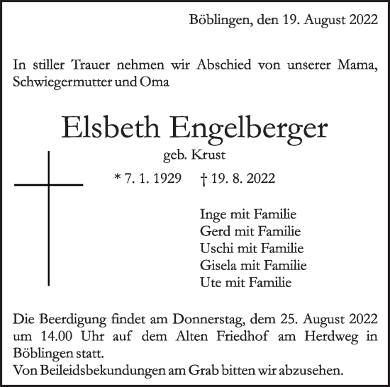 Traueranzeige von Elsbeth Engelberger von Leonberger Kreiszeitung / Strohgäu Extra