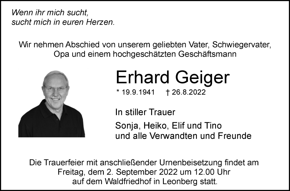  Traueranzeige für Erhard Geiger vom 31.08.2022 aus Leonberger Kreiszeitung / Strohgäu Extra