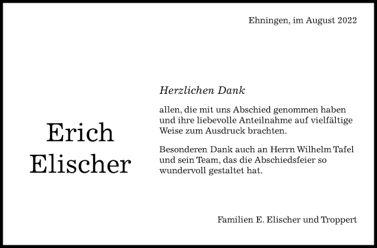 Traueranzeige von Erich Elischer von Leonberger Kreiszeitung / Strohgäu Extra