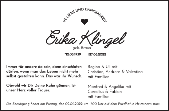 Traueranzeige von Erika Klingel von Leonberger Kreiszeitung / Strohgäu Extra