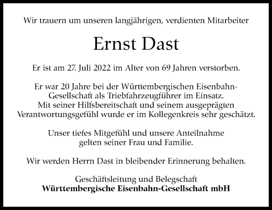 Traueranzeige von Ernst Dast von Leonberger Kreiszeitung / Strohgäu Extra