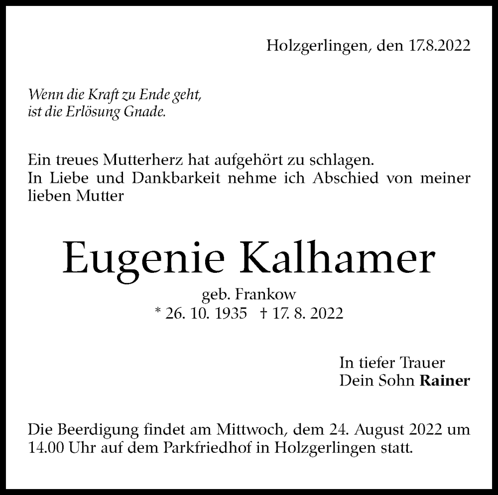  Traueranzeige für Eugenie Kalhamer vom 20.08.2022 aus Leonberger Kreiszeitung / Strohgäu Extra