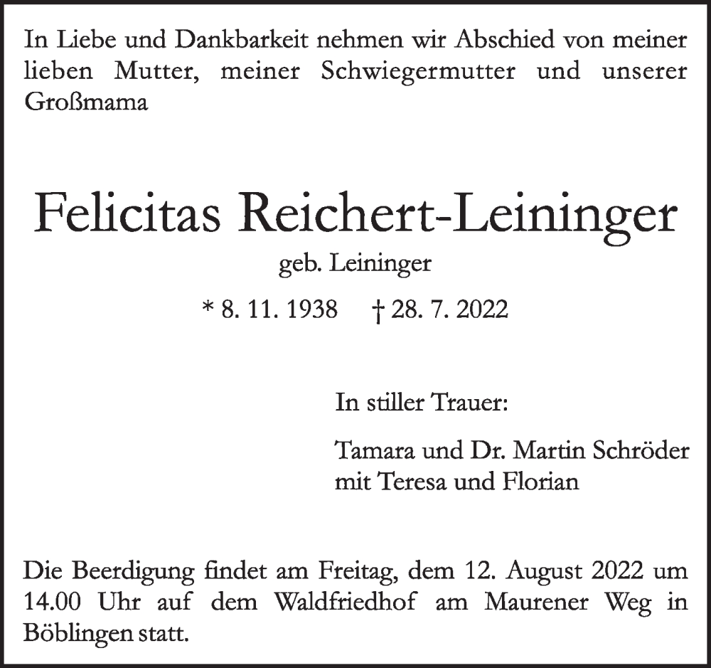 Traueranzeige für Felicitas Reichert-Leininger vom 03.08.2022 aus Leonberger Kreiszeitung / Strohgäu Extra