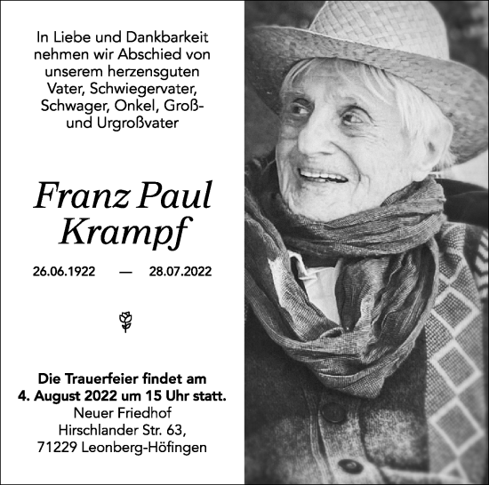 Traueranzeige von Franz Krampf von Leonberger Kreiszeitung / Strohgäu Extra