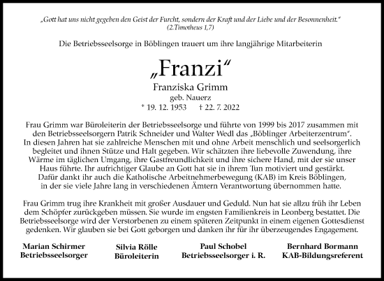Traueranzeige von Franziska Grimm von Leonberger Kreiszeitung / Strohgäu Extra