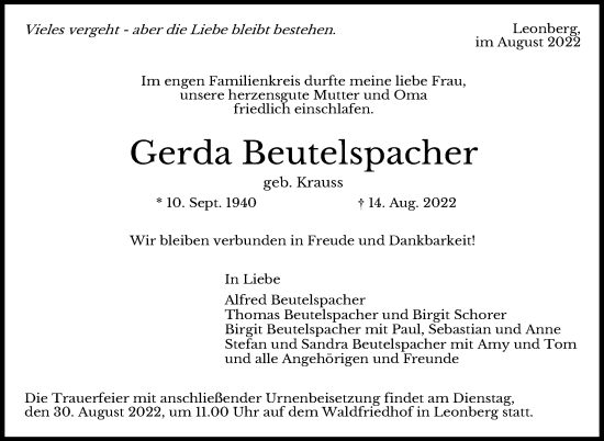 Traueranzeige von Gerda Beutelspacher von Leonberger Kreiszeitung / Strohgäu Extra