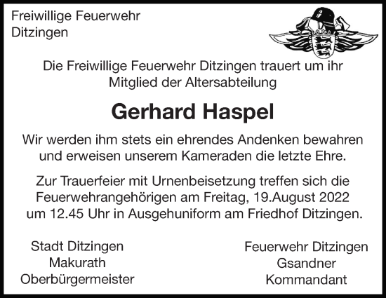 Traueranzeige von Gerhard Haspel von Leonberger Kreiszeitung / Strohgäu Extra