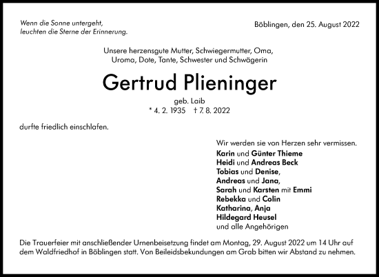 Traueranzeige von Gertrud Plieninger von Leonberger Kreiszeitung / Strohgäu Extra