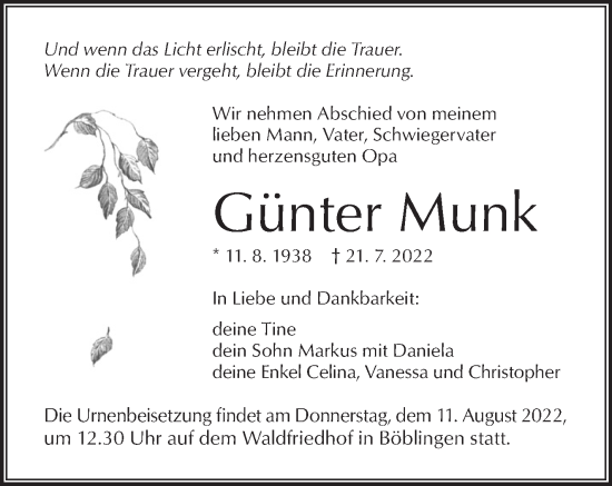 Traueranzeige von Günter Munk von Leonberger Kreiszeitung / Strohgäu Extra