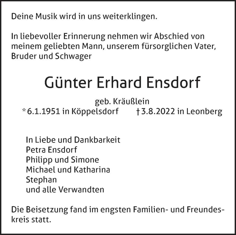  Traueranzeige für Günter Erhard Ensdorf vom 11.08.2022 aus Leonberger Kreiszeitung / Strohgäu Extra