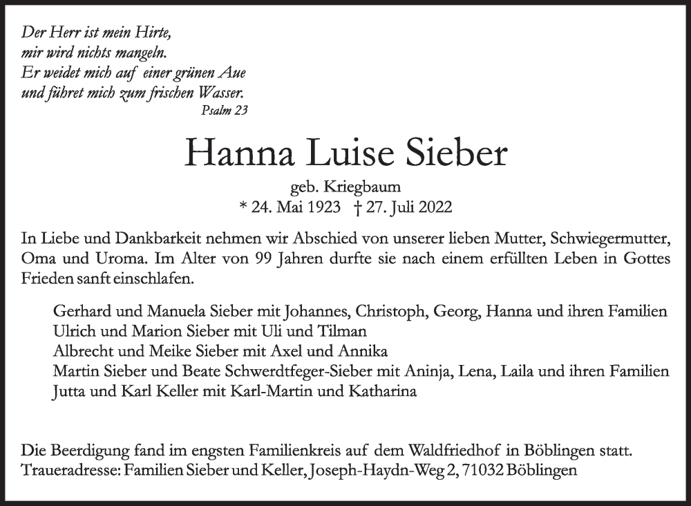  Traueranzeige für Hanna Luise Sieber vom 04.08.2022 aus Leonberger Kreiszeitung / Strohgäu Extra