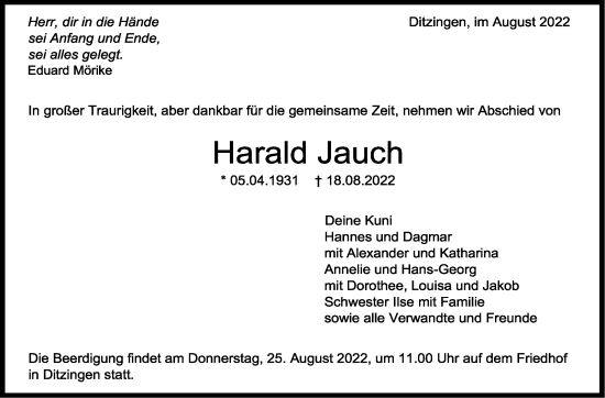 Traueranzeige von Harald Jauch von Leonberger Kreiszeitung / Strohgäu Extra
