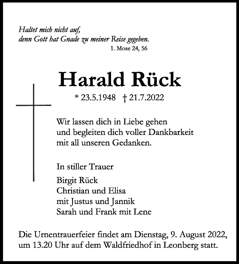  Traueranzeige für Harald Rück vom 30.07.2022 aus Leonberger Kreiszeitung / Strohgäu Extra