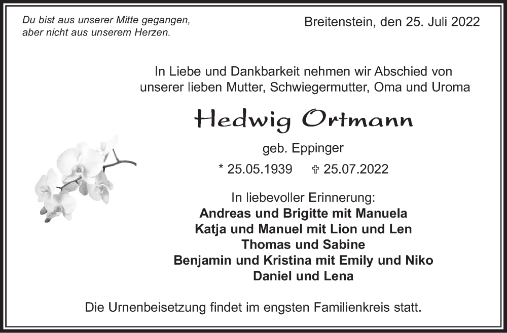  Traueranzeige für Hedwig Ortmann vom 11.08.2022 aus Leonberger Kreiszeitung / Strohgäu Extra