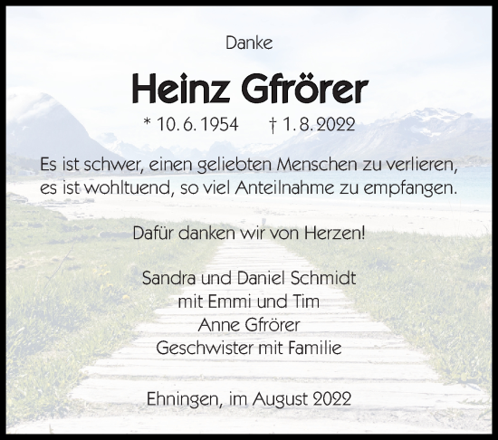 Traueranzeige von Heinz Gfrörer von Leonberger Kreiszeitung / Strohgäu Extra