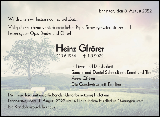 Traueranzeige von Heinz Gfrörer von Leonberger Kreiszeitung / Strohgäu Extra