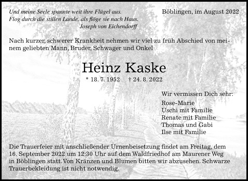  Traueranzeige für Heinz Kaske vom 31.08.2022 aus Leonberger Kreiszeitung / Strohgäu Extra