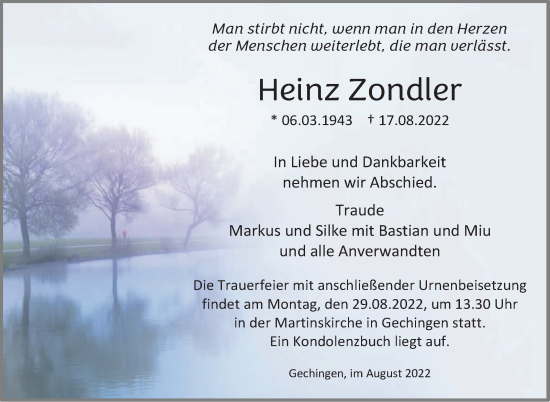Traueranzeige von Heinz Zondler von Leonberger Kreiszeitung / Strohgäu Extra