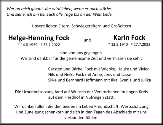 Traueranzeige von Helge-Henning und Karin Fock von Leonberger Kreiszeitung / Strohgäu Extra